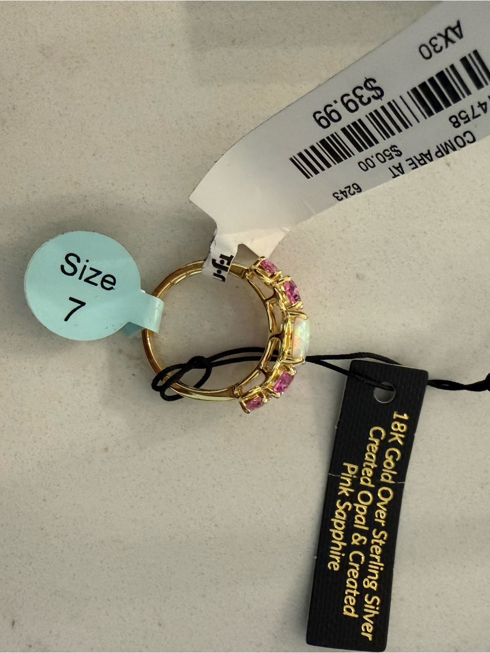 STUNNING Gold Tone Opal & Pink Sapphire Hoop Ring - Size 7